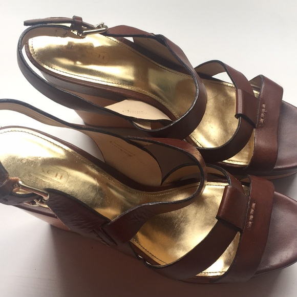COACH Brown Leather Wood Wedges - Picture 2 of 7